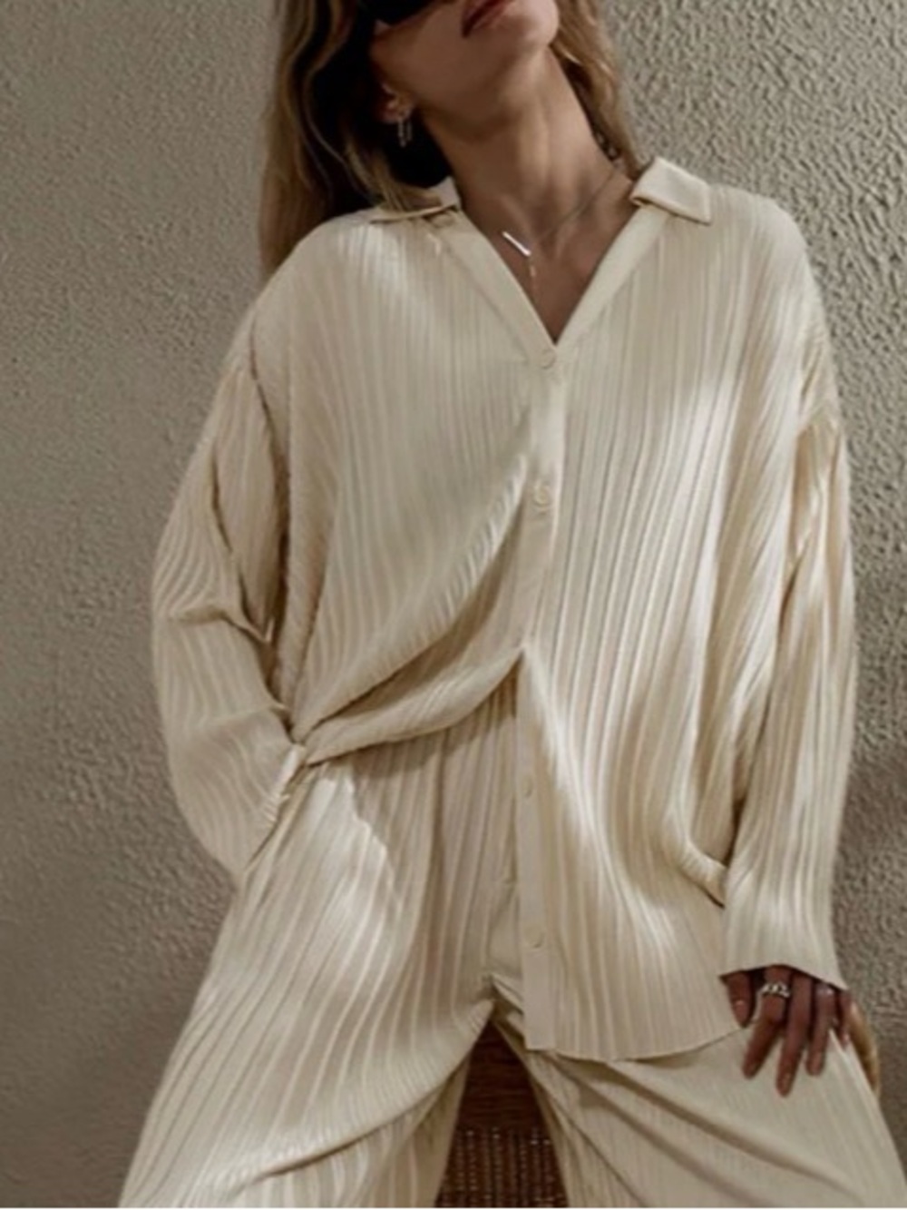 Commense Cream Pleated Button-Front Oversized Top